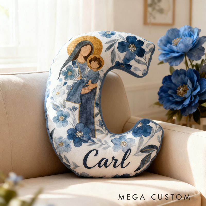 Personalized the Virgin Mary and Baby Jesus Letter Pillow with Custom Name Religious Home Decor Christian Gift Blue Floral Graphic 3D Print Pillow