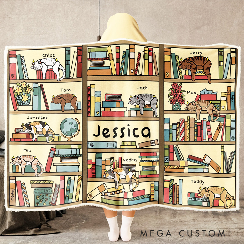 Personalized Bookshelf Blanket Hoodie Custom Wearable Blanket Hoodie with Name for Book Lovers Bookworm Birthday Gift for Bookworm