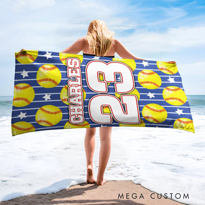 Personalized Softball Beach Towel with Custom Name Number Vibrant Design and Customizable Background Color