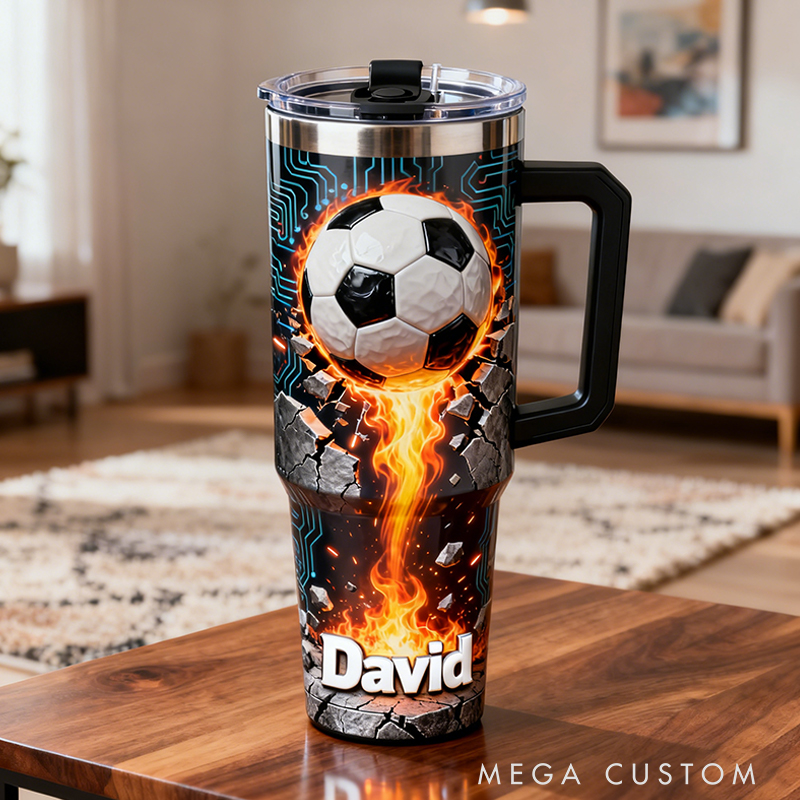 Personalized Soccer Tumbler with Custom Name and Flaming Ball Design for Fans and Athletes