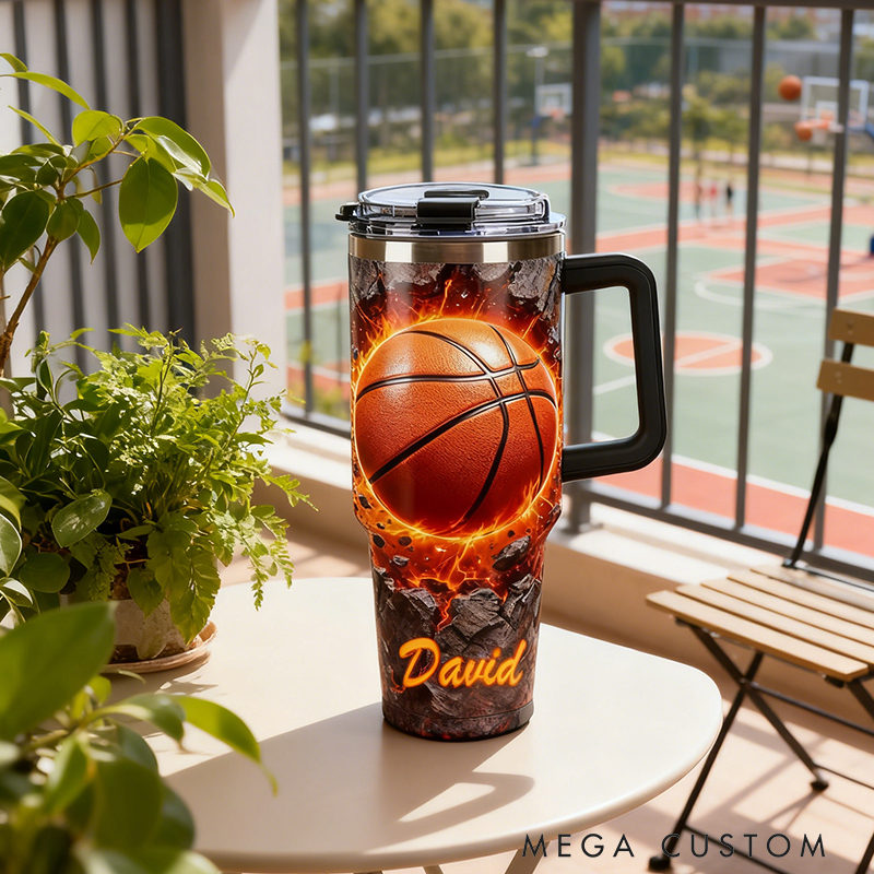 Personalized Basketball Tumbler with Custom Name and Fiery Design for Fans and Players