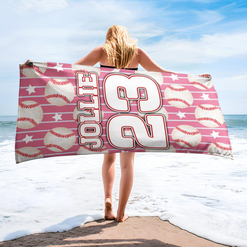 Personalized Baseball Beach Towel with Custom Name Number Vibrant Design and Customizable Background Color