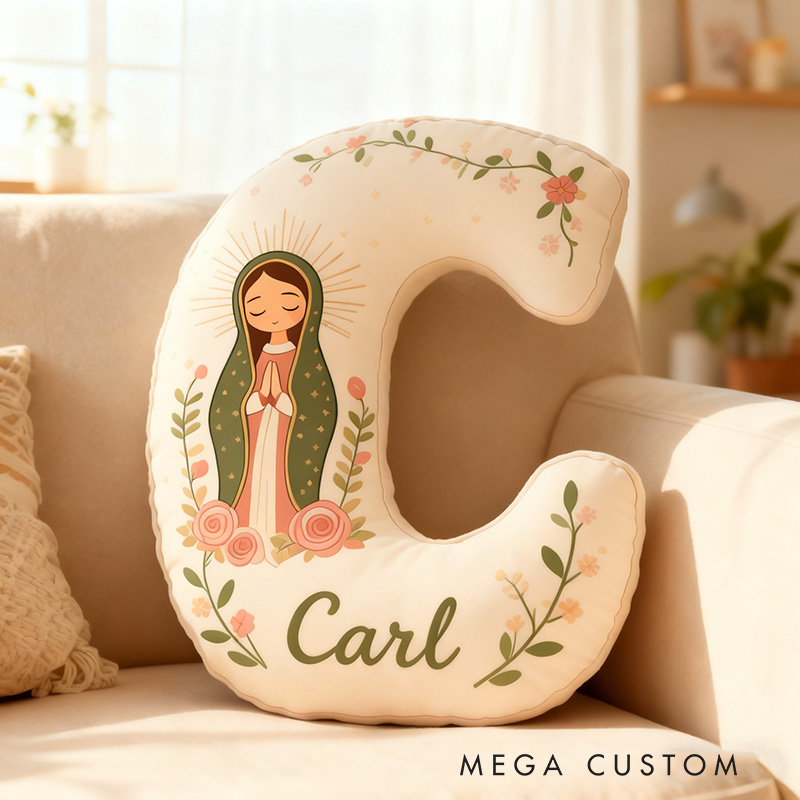 Personalized Cute Our Lady of Guadalupe Letter Pillow with Custom Name Kids Room Decor Catholic Gift for Women Baptism Gift Graphic 3D Print Pillow