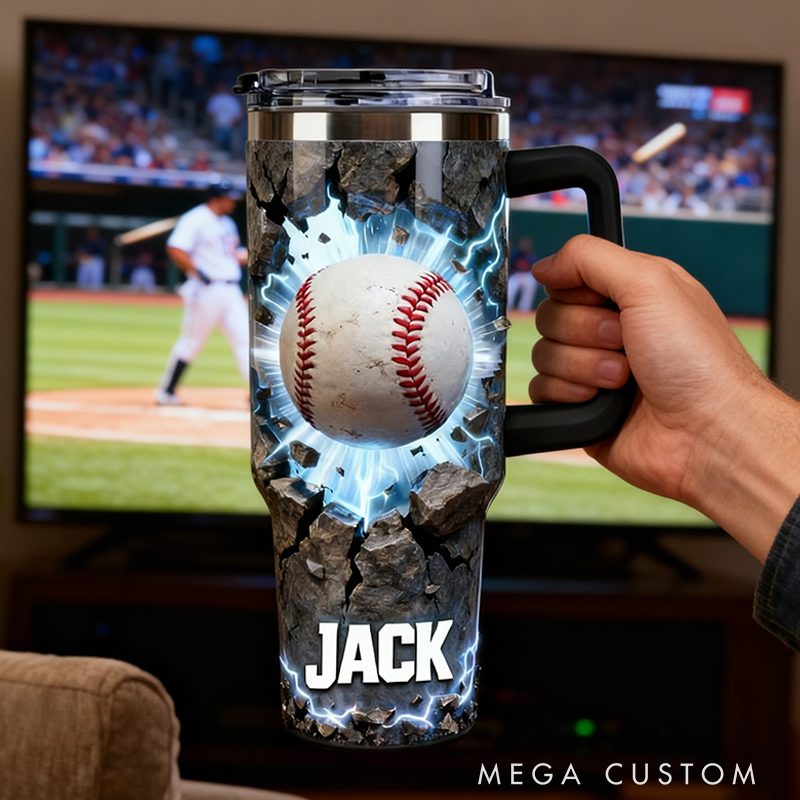 Personalized Baseball Tumbler with Custom Name and Cracked Design for Baseball Lover
