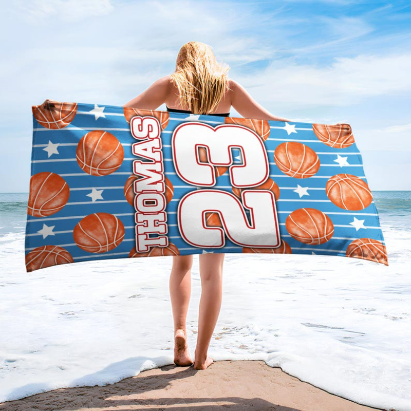 Personalized Basketball Beach Towel with Custom Name Number Vibrant Design and Customizable Background Color
