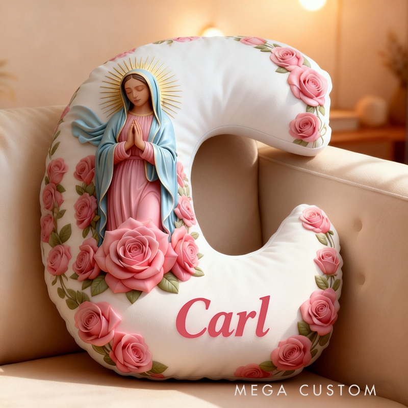 Personalized Virgin of Guadalupe Letter Pillow with Custom Name Religious Home Decor Catholic Prayer Gift for Her Pink Rose Graphic 3D Print Pillow
