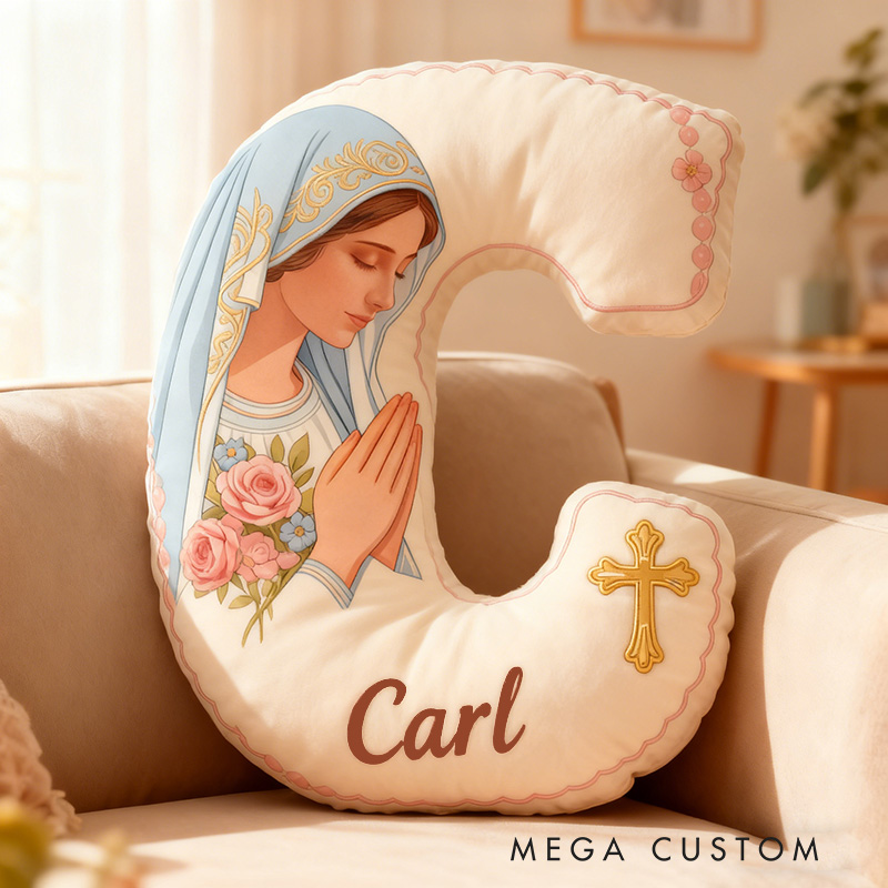 Personalized Virgin Mary Letter Pillow with Custom Name Religious Home Decor Catholic Gift for Her Gift for Prayer Faith Cross Graphic 3D Print Pillow
