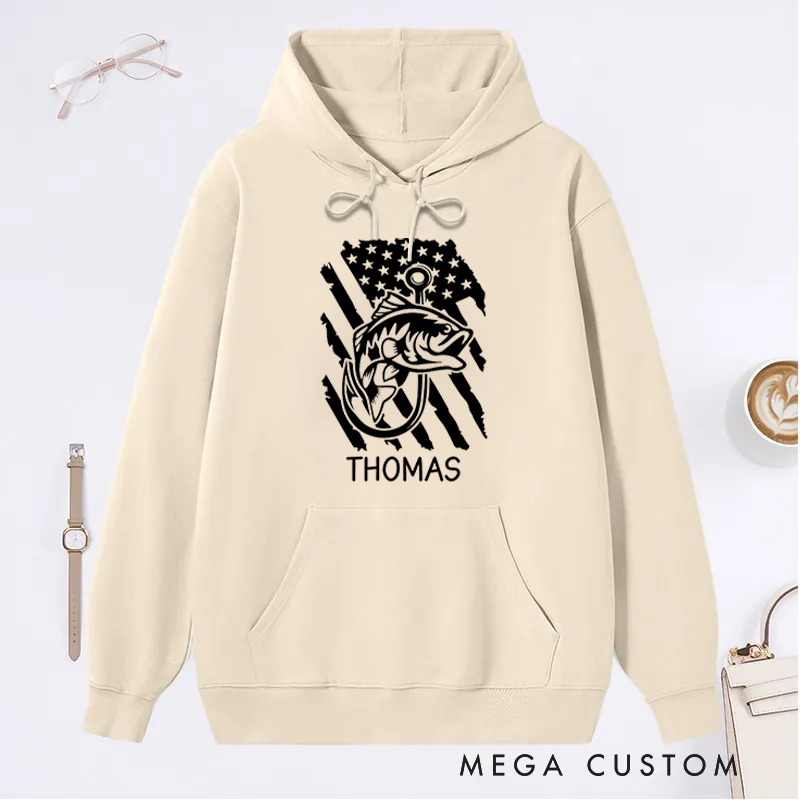 Personalized Fishing Hoodie with American Flag and Fish Design Custom Name Perfect Gift for Fishing Lovers