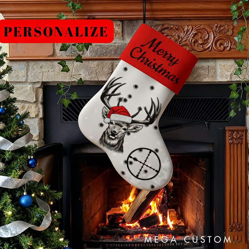 Personalized Hunting Christmas Stocking Buck Deer Xmas Stocking Wildlife Hunters Sack Stocking Christmas Gifts for Outdoor Hunting Lover