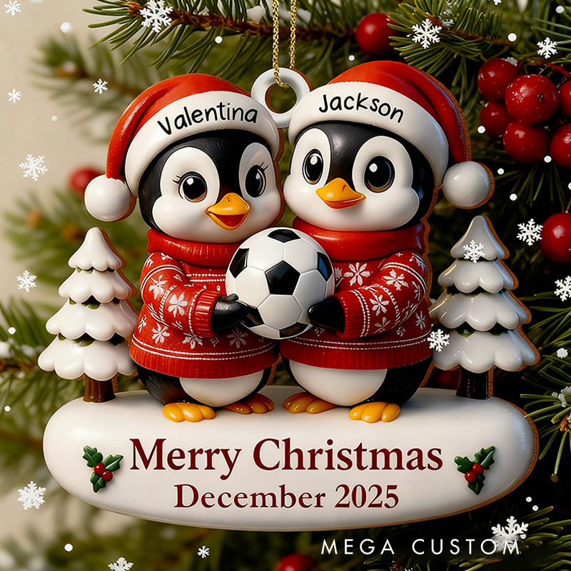 Personalized Acrylic Penguin Couple Soccer Christmas Ornament with Custom Names and Merry Christmas Message
