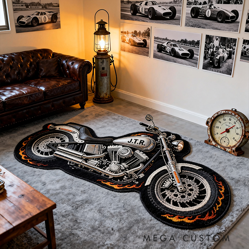 Personalized Motorcycle Shaped Rug Custom Name and Design Choice Gift for Bikers and Garage Decor