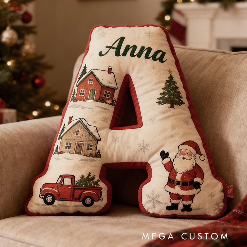 Personalized Christmas Letter Pillow Holiday Decor Custom Initial Cushion Festive Santa And Truck Design Perfect Gift For Family Or Friends