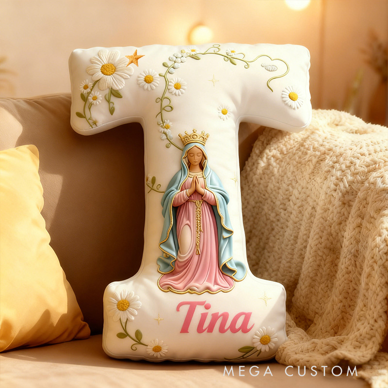 Personalized Virgin Mary Letter Pillow with Custom Name Home Decor  Religious Faith Gift Catholic Gift for Her Daisy Floral  Graphic 3D Print Pillow