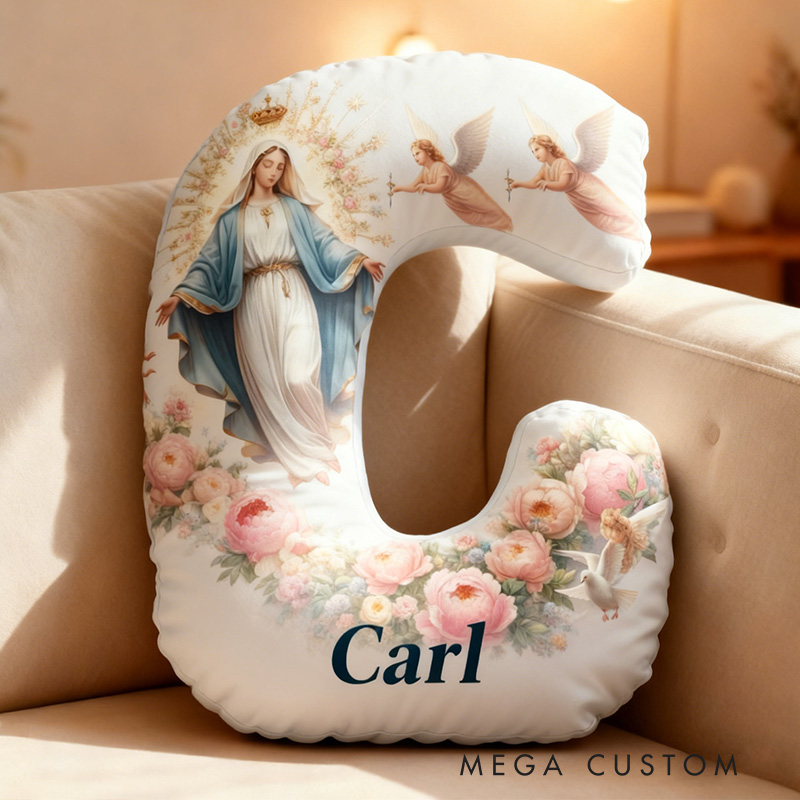 Personalized Virgin Mary Surrounded by Angels Letter Pillow with Custom Name Religious Home Decor Catholic Gift for Her Floral Graphic 3D Print Pillow