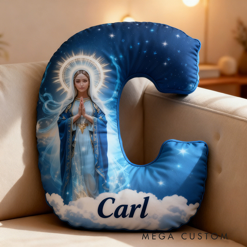 Personalized Virgin Mary Letter Pillow with Custom Name Religious Home Decor Catholic Gift for Pray & Faith Halo and Starry Graphic 3D Print Pillow