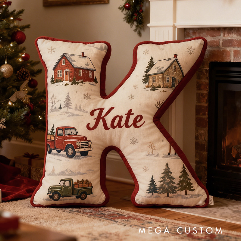 Personalized Christmas Letter Pillow Custom Festive Design With Cozy Houses Vintage Trucks And Reindeer Holiday Home Decor Gift Graphic 3D Print