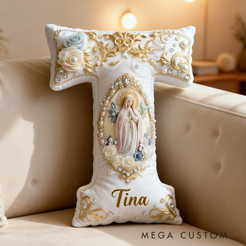 Personalized Virgin Mary Letter Pillow with Custom Name Religious Home Decor Catholic Gift for Her Pray Gift Pearl and Floral Graphic 3D Print Pillow