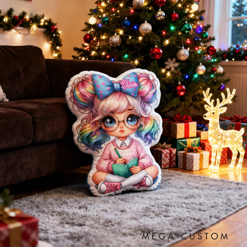 Personalized Cute Girl with Colorful Bow Hair Design Throw Pillow Cartoon Girl Pillow with Name Book Initial Pillow for Kids Boys Girls Book Lover Christmas Gift