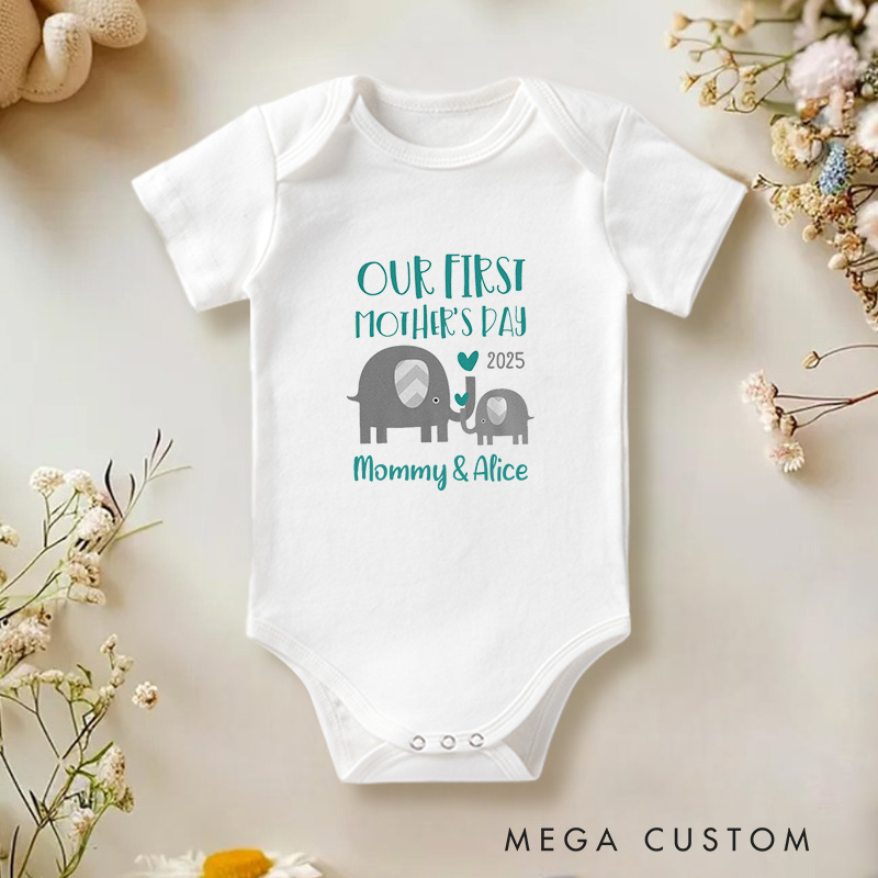 Personalized Our First Mother’s Day Mommy and Baby Elephant Cute Baby Onesie