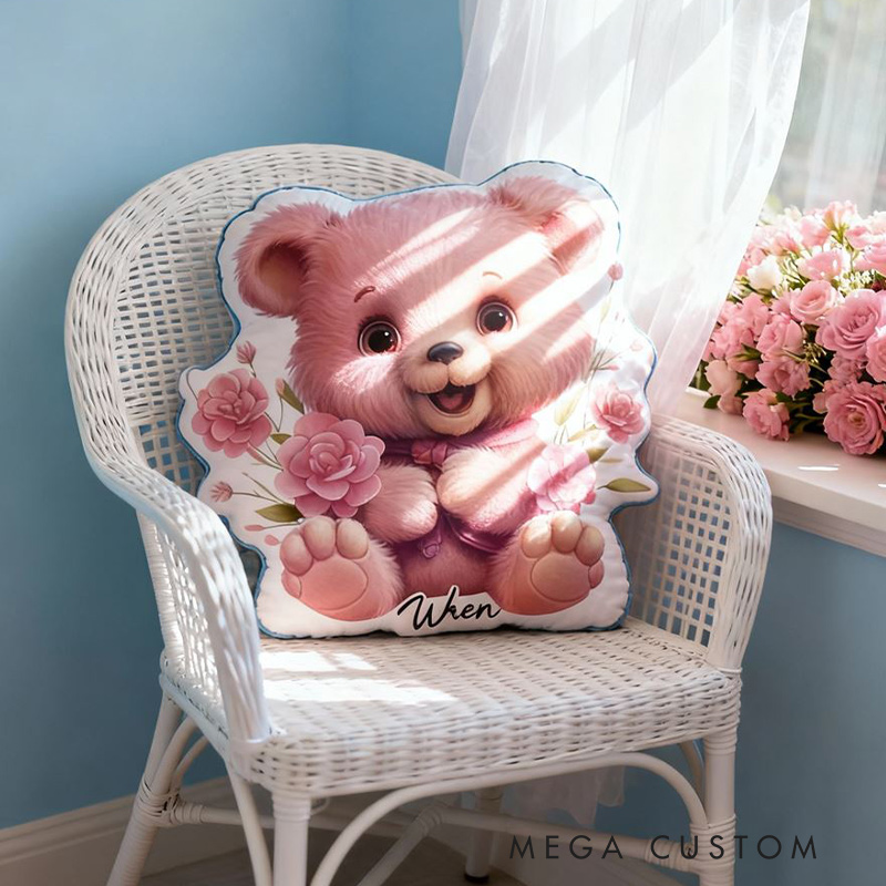 Personalized Pink Bear Pillow with Added Name and Floral Design for Kids Gardening Lovers Gift