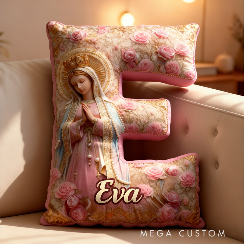 Personalized Virgin Mary Prayer Letter Pillow with Custom Name Faith Home Decor Catholic Gift for Her Blessed Mother Pink Rose Graphic 3D Print Pillow