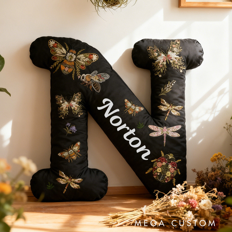 Personalized Bugs & Floral Initial Pillow Custom Outdoor Nature Lovers Pillow Gift for Nature Adventure Enthusiasts