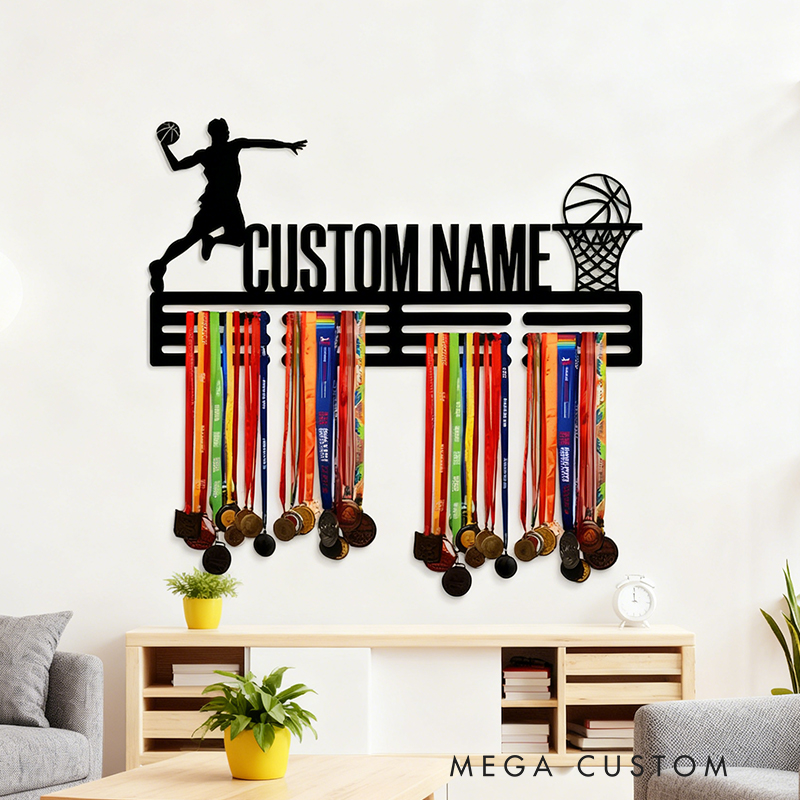 Personalized Basketball Medal Holder with Custom Name and Dunking Player Design