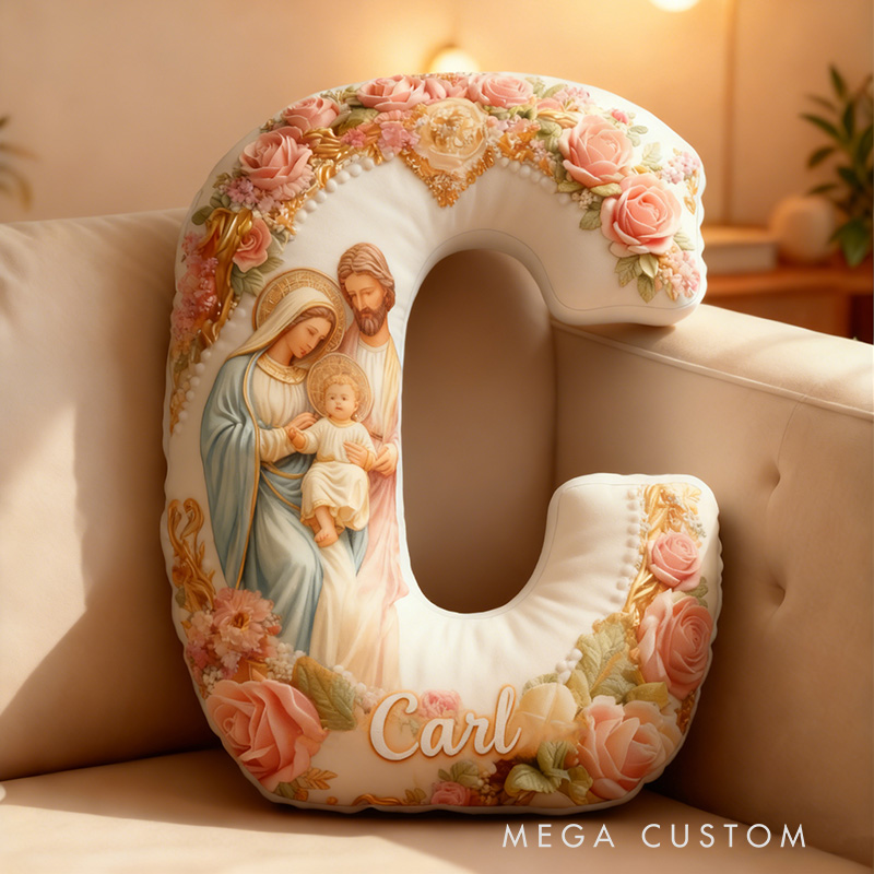 Personalized Nativity Scene Letter Pillow with Custom Name Religious Home Decor O Holy Night Pillow Gift for Prayer Mary Joseph Jesus Graphic 3D Print