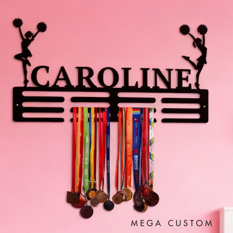 Personalized Cheerleading Medal Holder with Custom Name and Cheerleader Silhouettes Design