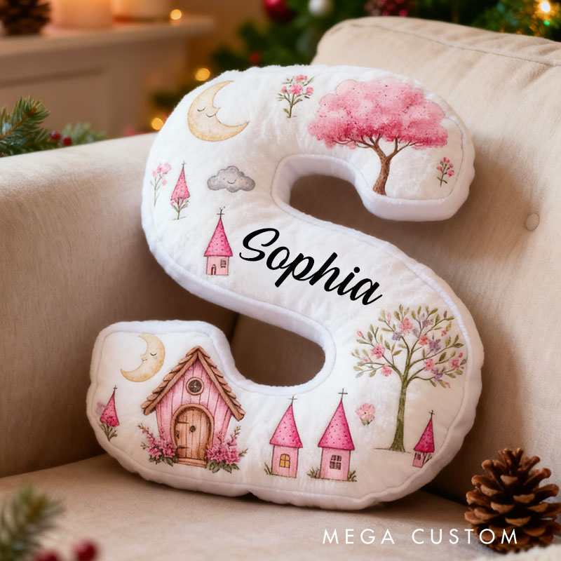 Personalized Letter Pillow Custom Enchanted Pink Castle And Nature Design Soft Cushion Magical Home Decor Perfect Gift For Kids Graphic 3D Print