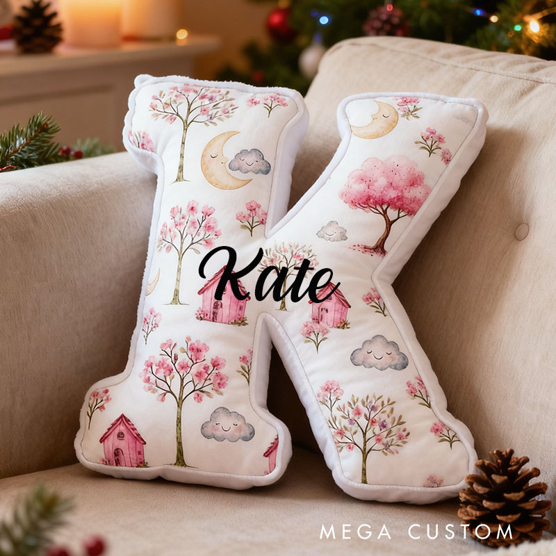 Personalized Letter Pillow Custom Whimsical Pink Cottage And Nature Design Soft Cushion Adorable Home Decor Perfect Gift For Kids Bedrooms