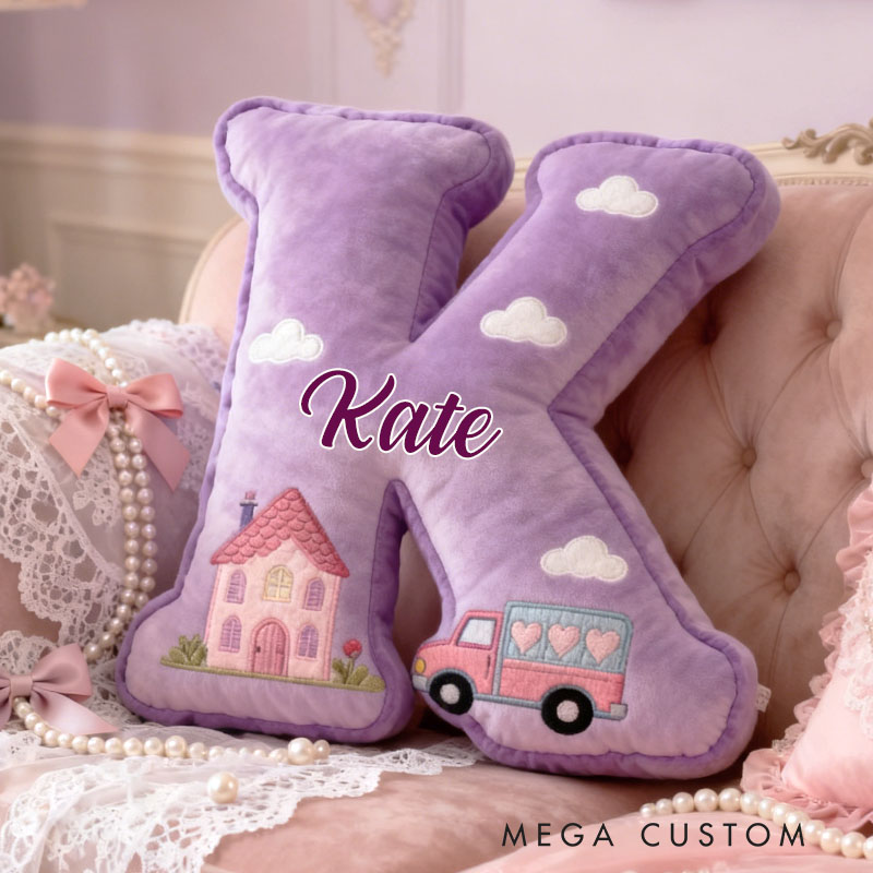 Personalized Letter Pillow Custom Purple Cottage And Heart Truck Design Perfect Gift For Kids Bedrooms Or Special Occasions Graphic 3D Print