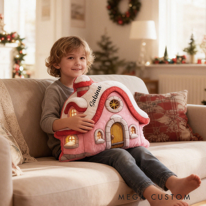 Personalized Cottage Pillow Custom Snowy Pink House Design Holiday Home Decor Perfect Gift For Kids Graphic 3D Print