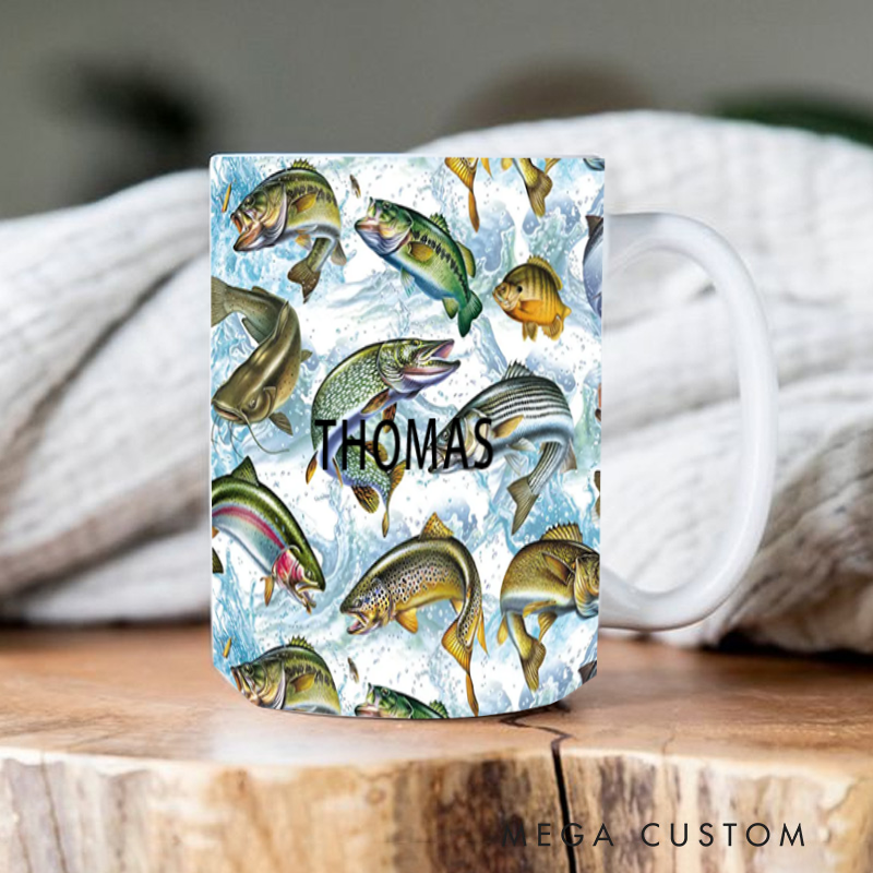 Personalized Fishing Mug Funny Fishing Mug Custom Name Colorful Fish Design Perfect Gift for Fishing Enthusiasts Durable Ceramic Coffee Cup