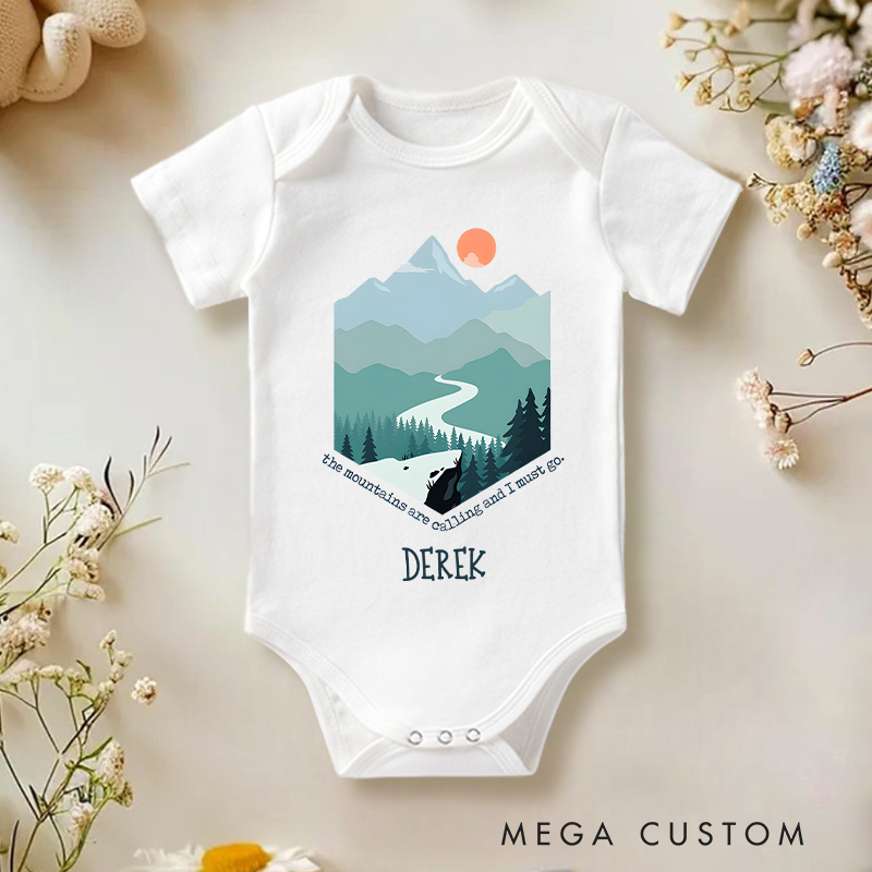 Personalized Derek Mountain and Path Adventure Art Baby Onesie Travel Baby Gift