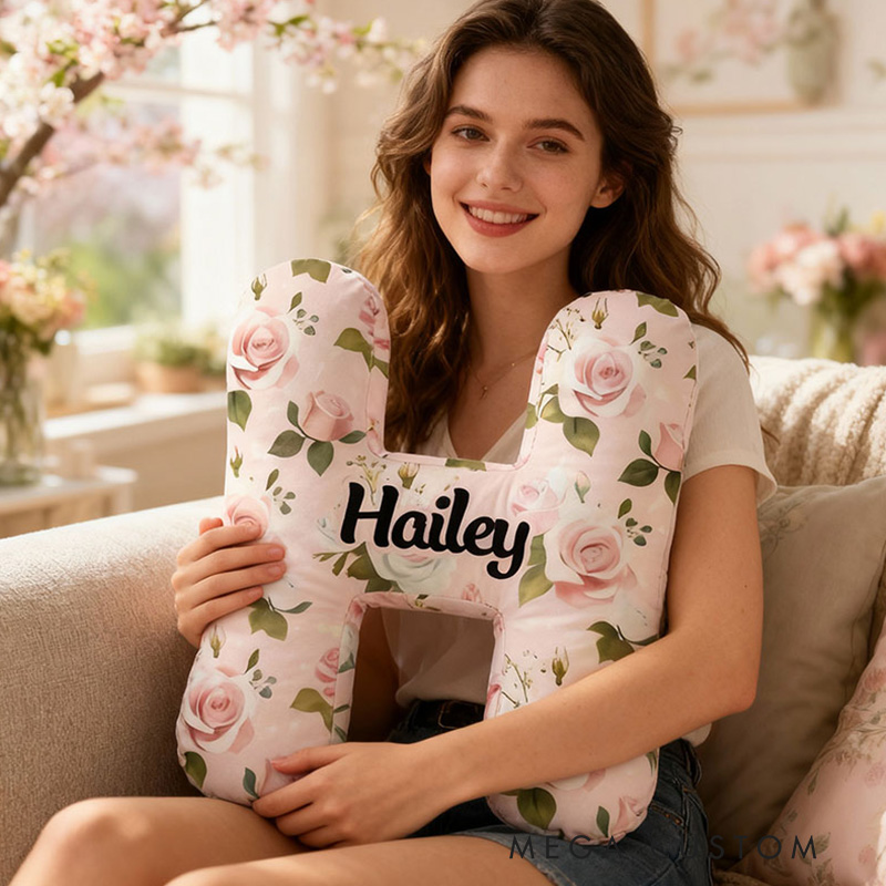 Personalized Letter Pillow with Pink Flowers Custom Name Pillow Gift for Kids Gardening Lovers Gift 