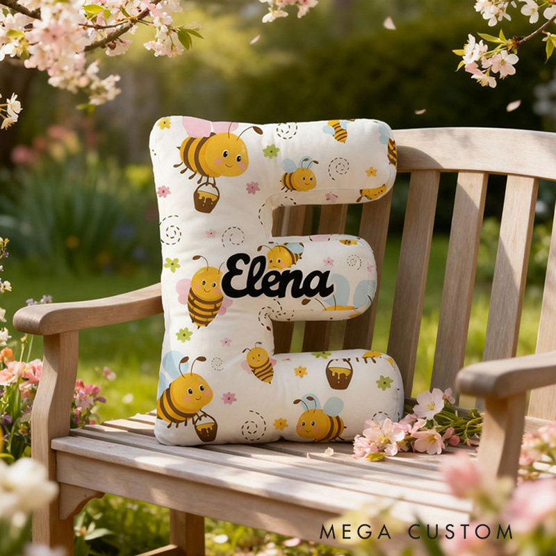 Personalized Letter Pillow with Bee Pattern Custom Name Pillow Wonderful Gift for Children Gardening Lovers Gift 