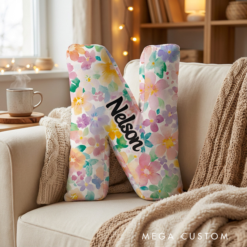 Personalized Name Pillow with Watercolor Flowers Pattern Best Gift for Daughter Housewarming Gifts