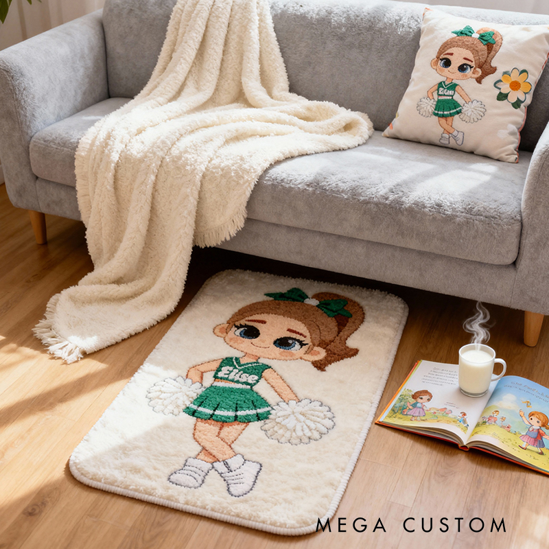 Personalized Cheerleader Rug with Custom Name and Adorable Cartoon Design for Cheerleaders and Girls