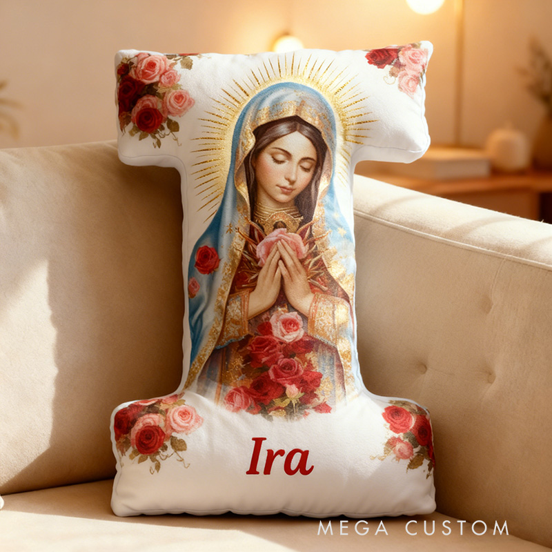 Personalized Virgen De Guadalupe Letter Pillow with Custom Name Home Decor Religious Christian Gift for Her Virgin Mary Red Rose Graphic 3D Print