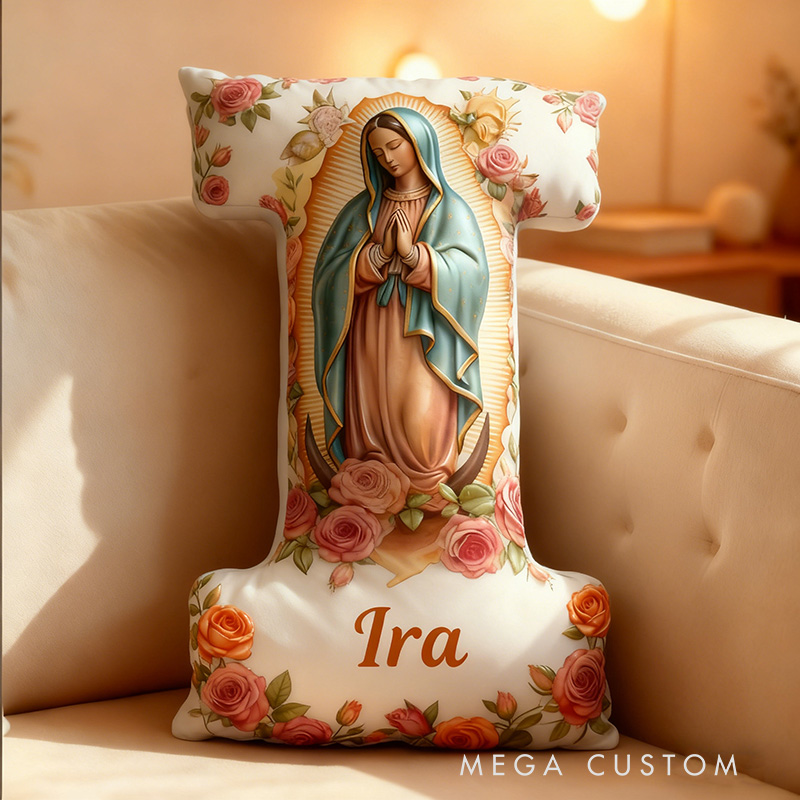Personalized Virgin Mary Letter Pillow with Custom Name Home Decor Religious Christian Gift for Her Our Lady of Guadalupe Rose Graphic 3D Print Pillow