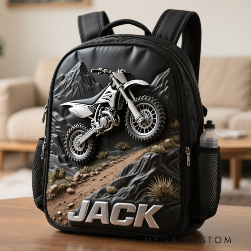 Personalized Motorcycle Backpack Custom Name Dirt Bike Oxford Fabric School Bag Gift for Bikers and Motorcycle Enthusiasts