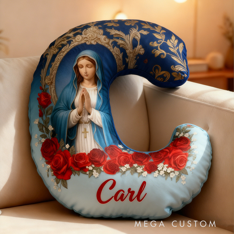 Personalized Virgin Mary Letter Pillow with Custom Name Home Decor Peace Light and Blessing Christian Gift for All Believers Red Rose Graphic 3D Print