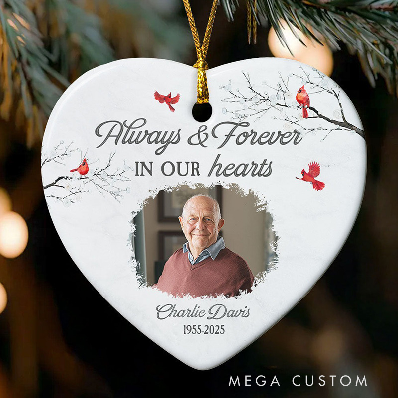 Personalized Photo Memorial Ornament Always & Forever In Our Hearts Christmas Ornament Sympathy Gift for Loss of Loved Ones