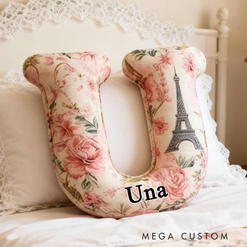Personalized Letter Pillow Custom Paris Eiffel Tower And Floral Design Soft Plush Cushion Elegant Home Decor Graphic 3D Print
