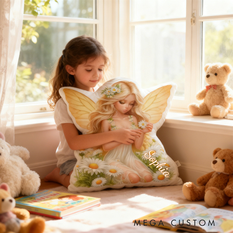 Personalized Daisy Fairy Throw Pillow Cute Garden Fairy Pillow with Name for Kids Girl Boy Gardener Christmas Gifts Loving Room Decor