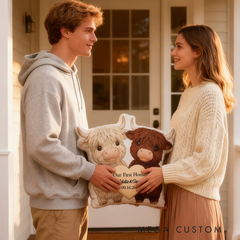 Personalized Couple Pillow Custom Highland Cow Design Soft Plush Cushion Cute Home Decor Perfect Gift For New Home Anniversaries Graphic 3D Print