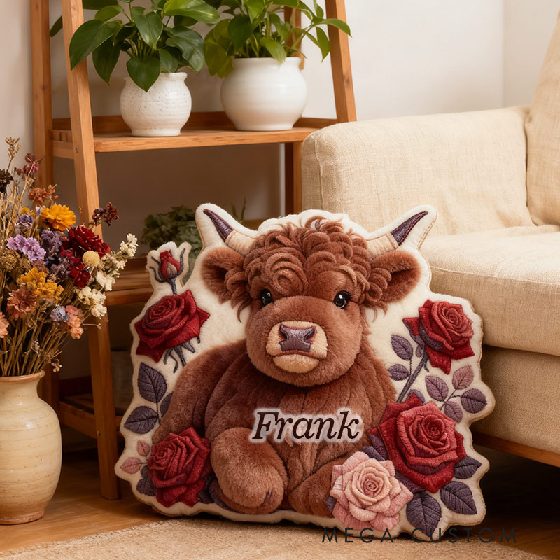 Personalized Rosy Highland Cow Garden Pillow with Custom Name Graphic 3D Print Pillow for Gardening Lovers