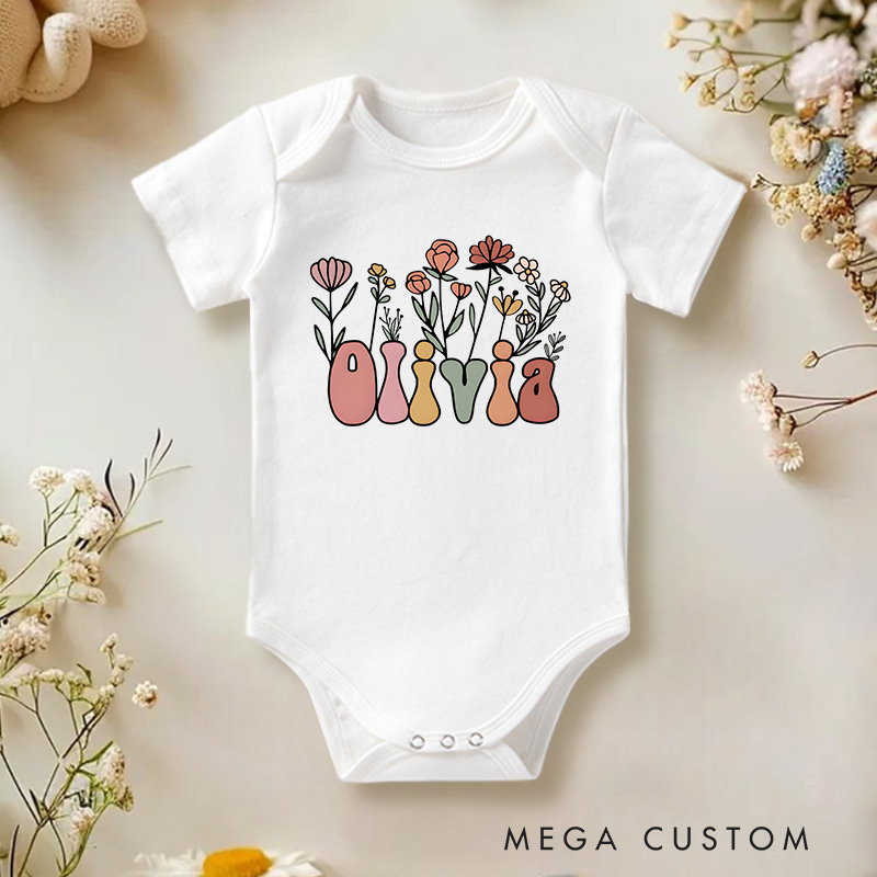 Personalized Floral Groovy Lettering Baby Onesie Baby Shower Gift