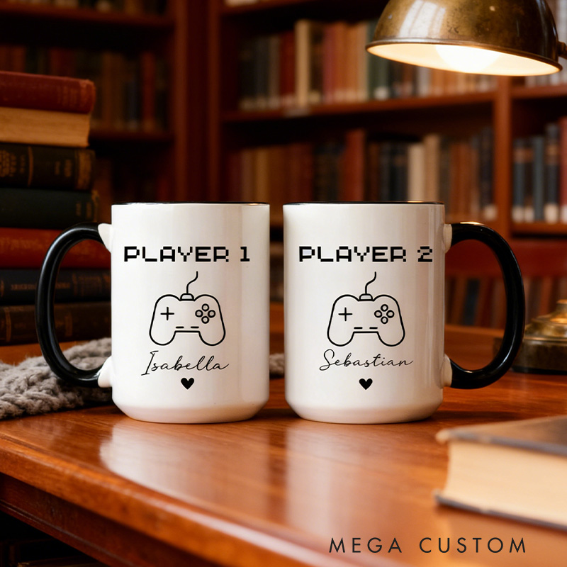 Personalized Gamer Couple Mugs Player 1 Player 2 Mugs Matching Gaming Mugs Retro Game Mugs Custom Gamer Coffee Mugs Gift for Couple Gamer Geek Gift